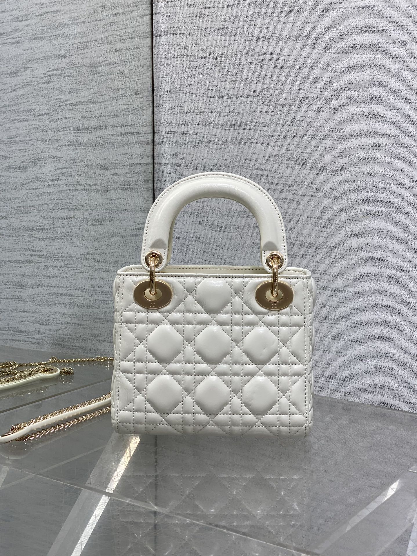 DIOR 25S MINI LADY DIOR BAG 17 IN IVORY CALFSKIN CHARM CRYSTAL EMBELLISHMENTS