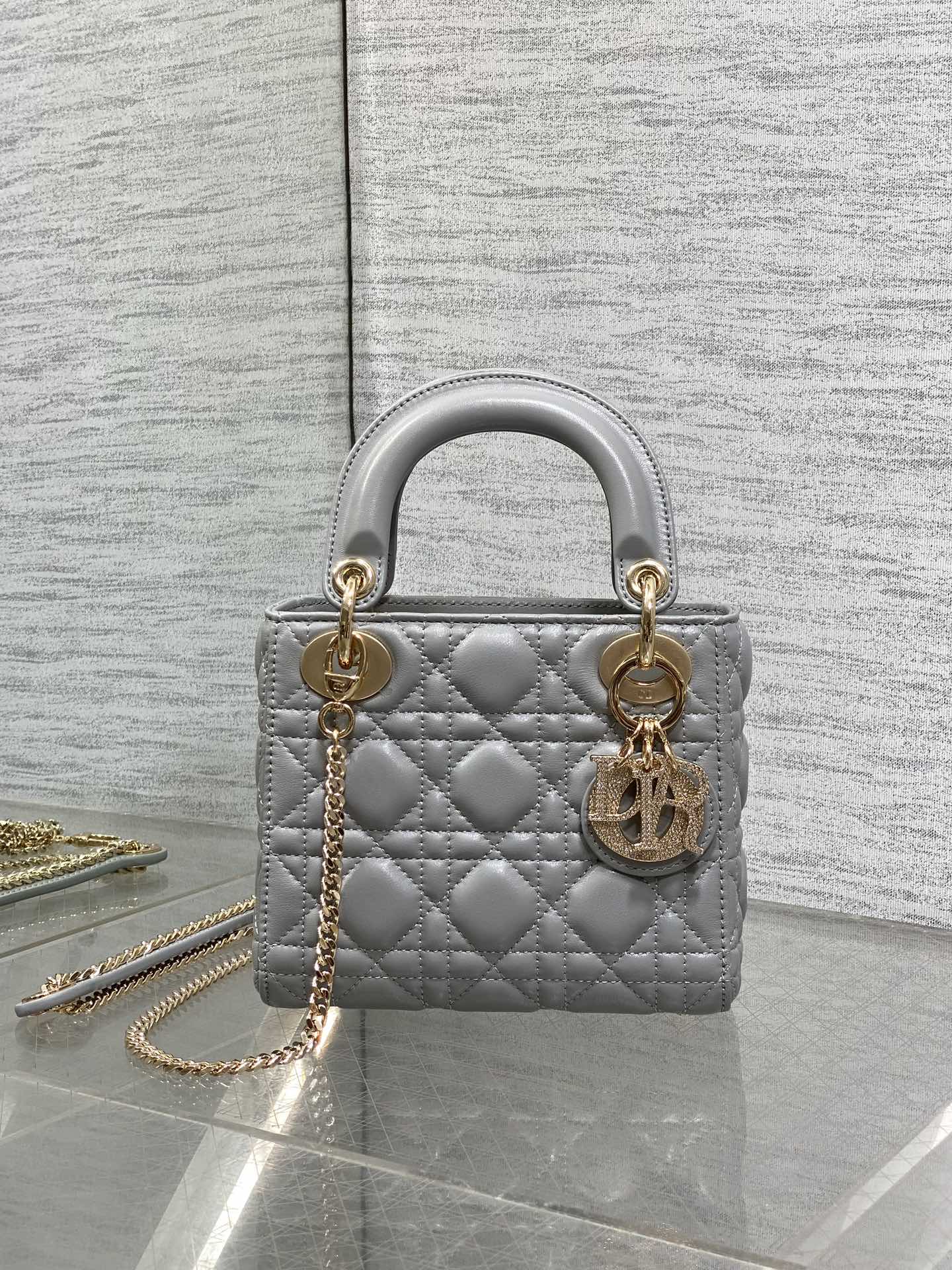 DIOR 25S MINI LADY DIOR BAG 17 IN DARK GRAY CALFSKIN CHARM CRYSTAL EMBELLISHMENTS