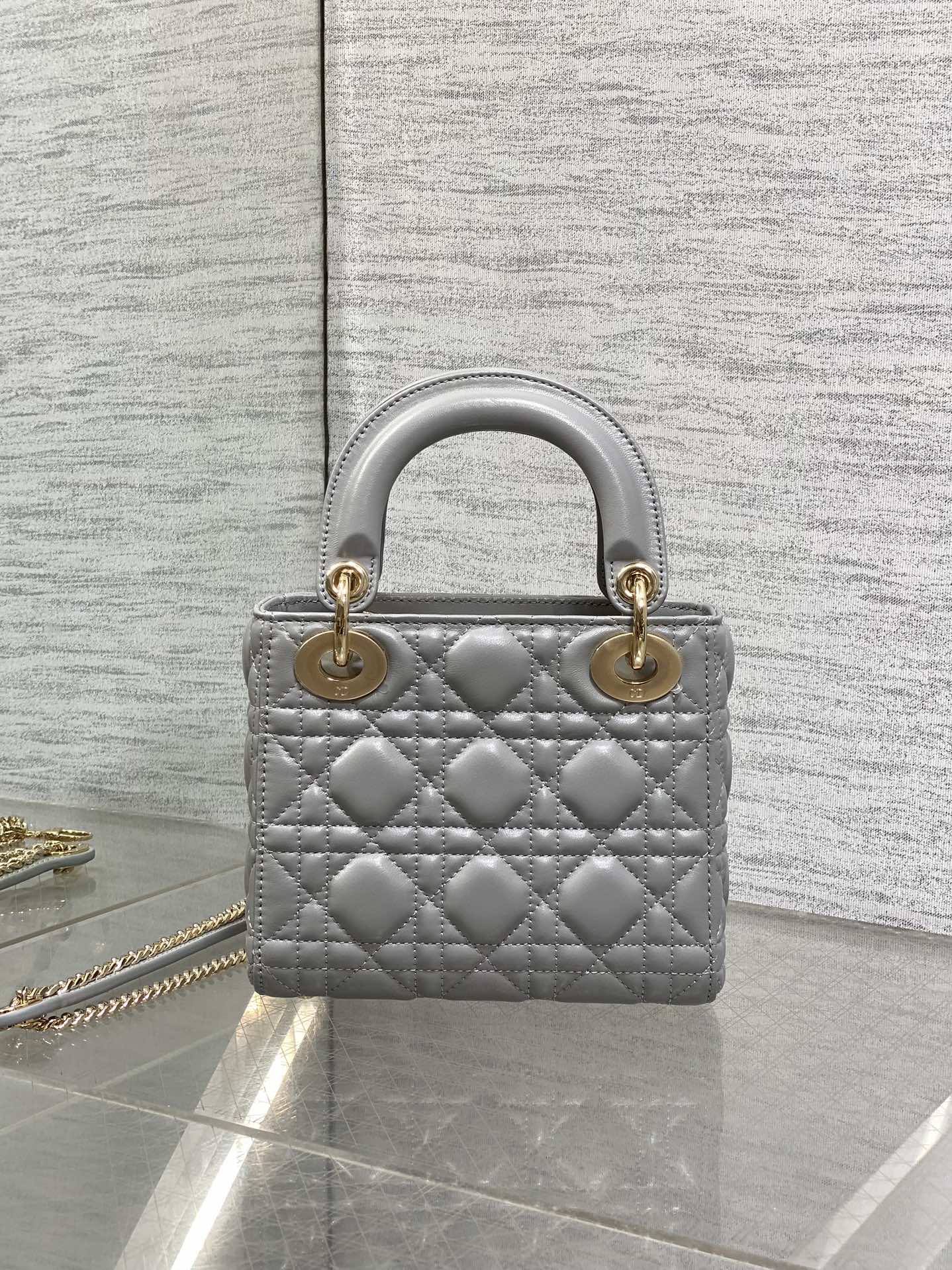 DIOR 25S MINI LADY DIOR BAG 17 IN DARK GRAY CALFSKIN CHARM CRYSTAL EMBELLISHMENTS