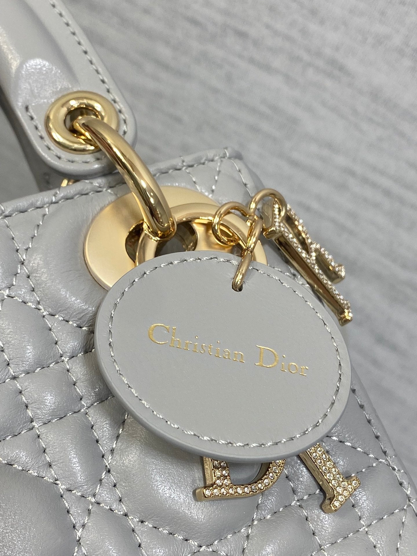 DIOR 25S MINI LADY DIOR BAG 17 IN DARK GRAY CALFSKIN CHARM CRYSTAL EMBELLISHMENTS