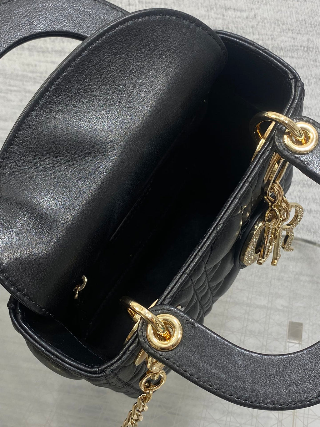 DIOR 25S MINI LADY DIOR BAG 17 IN BLACK CALFSKIN CHARM CRYSTAL EMBELLISHMENTS