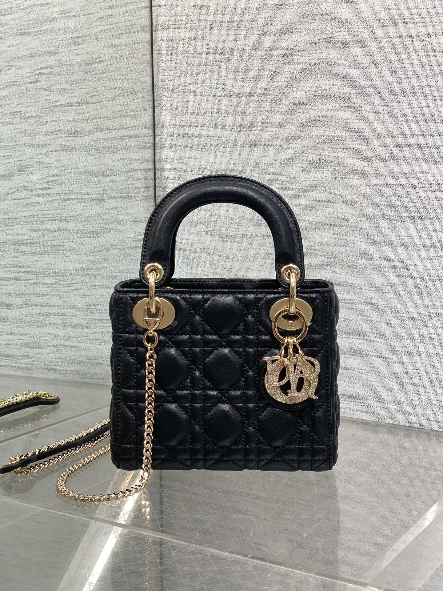 DIOR 25S MINI LADY DIOR BAG 17 IN BLACK CALFSKIN CHARM CRYSTAL EMBELLISHMENTS