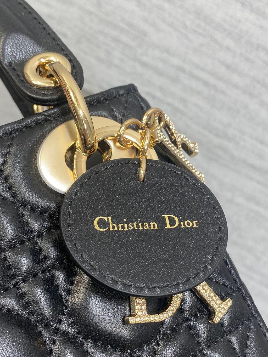 DIOR 25S MINI LADY DIOR BAG 17 IN BLACK CALFSKIN CHARM CRYSTAL EMBELLISHMENTS