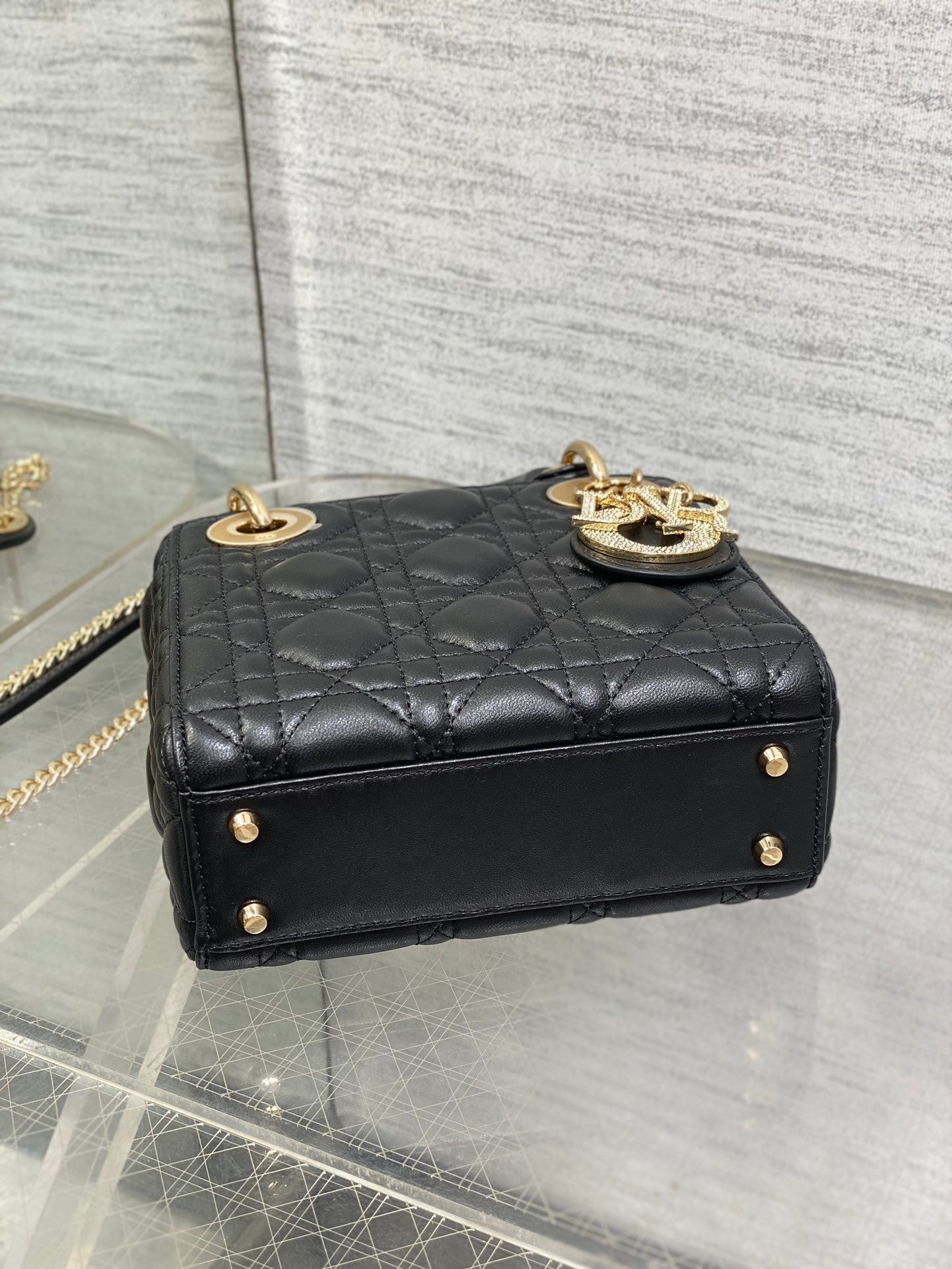 DIOR 25S MINI LADY DIOR BAG 17 IN BLACK CALFSKIN CHARM CRYSTAL EMBELLISHMENTS