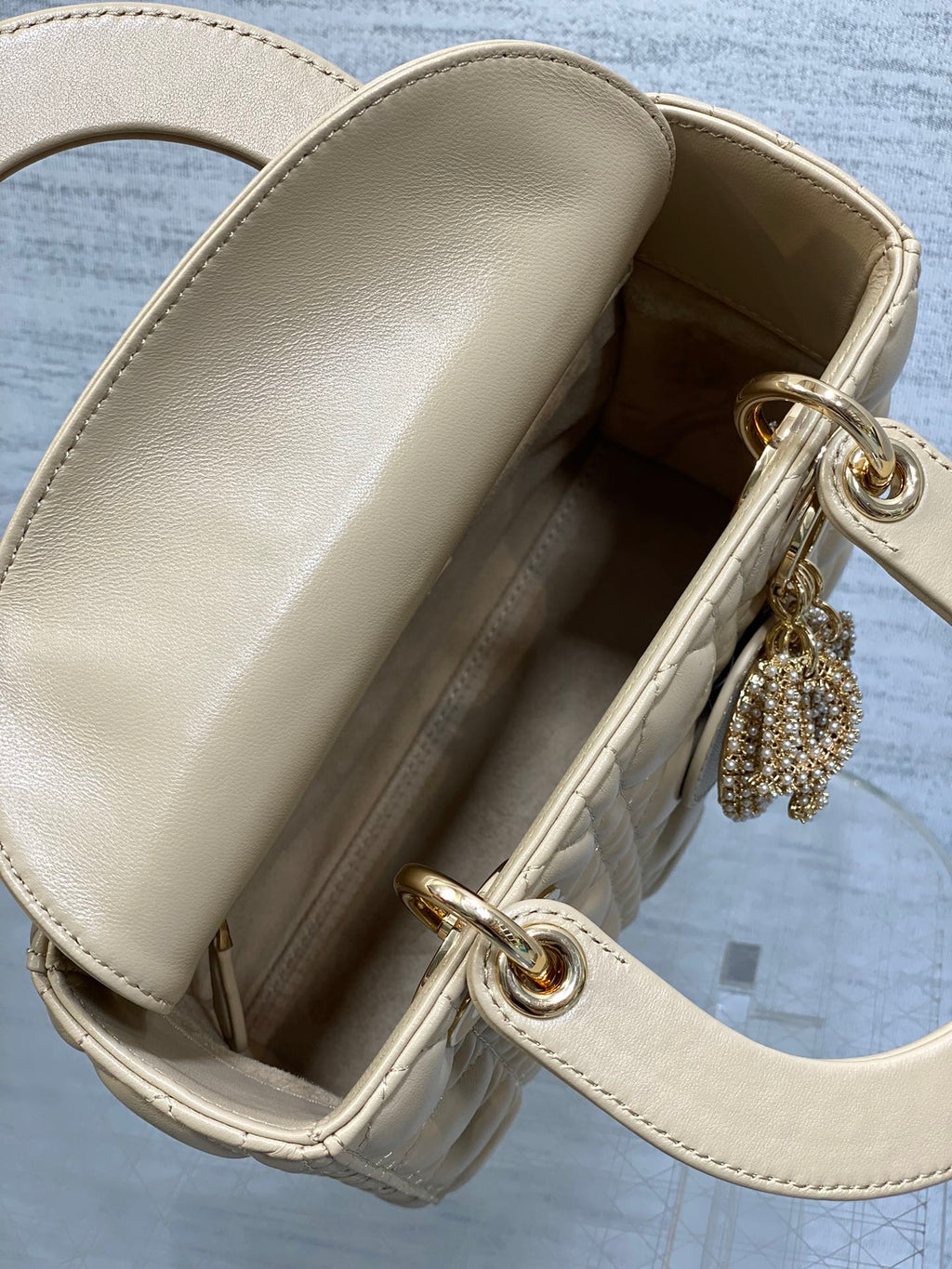 DIOR 25S LADY DIOR BAG 20 IN SAND BEIGE CALFSKIN CHARM PEARL EMBELLISHMENTS