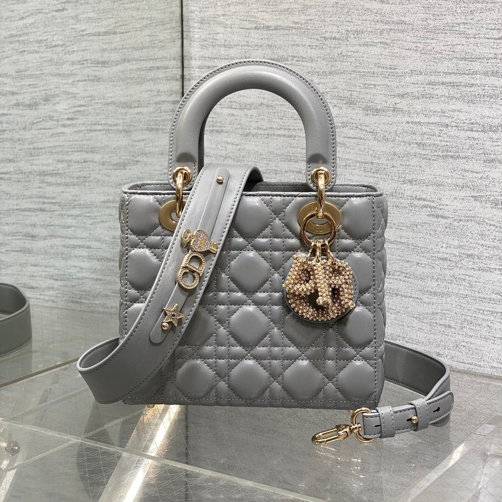 DIOR 25S LADY DIOR BAG 20 IN DARK GRAY CALFSKIN CHARM PEARL EMBELLISHMENTS