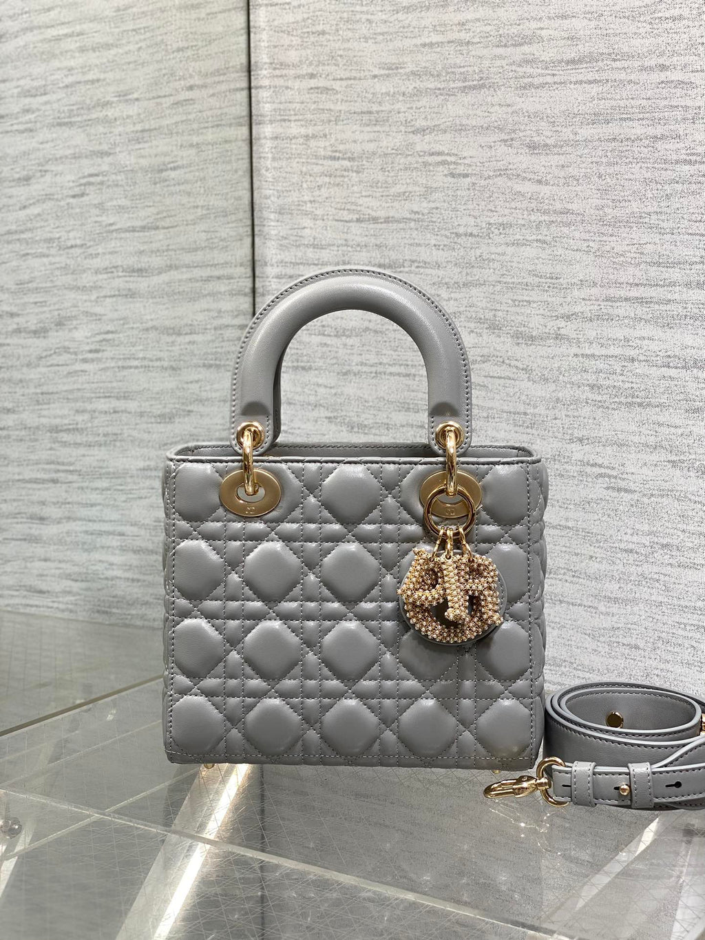 DIOR 25S LADY DIOR BAG 20 IN DARK GRAY CALFSKIN CHARM PEARL EMBELLISHMENTS