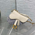 DIOR 25S MINI SOFT SADDLE BAG 19 IN BLUE DIOR OBLIQUE CHAMBRAY AND IVORY SMOOTH CALFSKIN