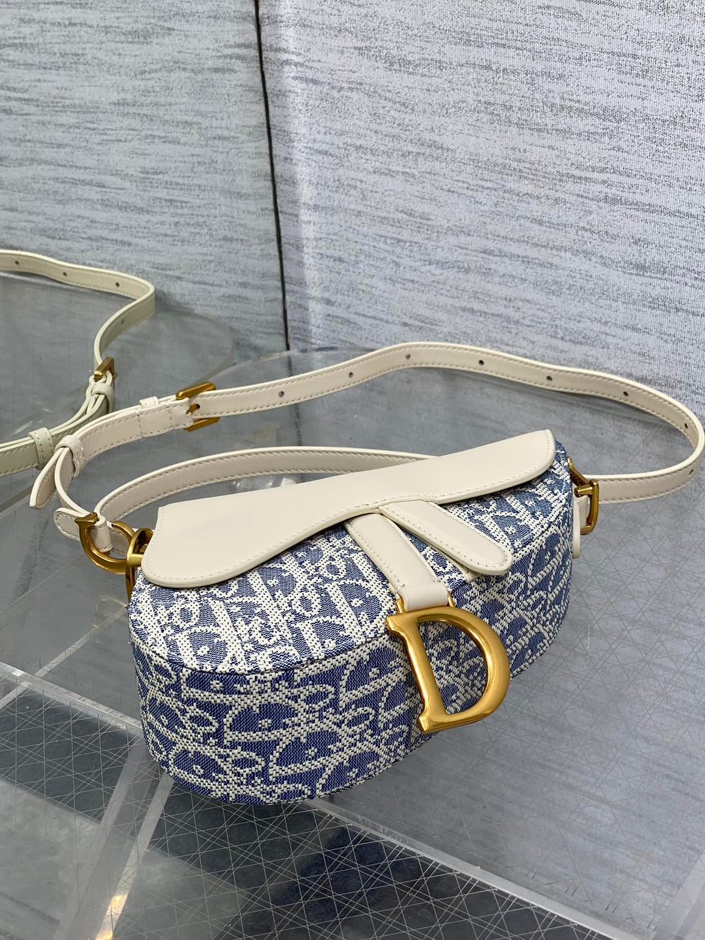 DIOR 25S MINI SOFT SADDLE BAG 19 IN BLUE DIOR OBLIQUE CHAMBRAY AND IVORY SMOOTH CALFSKIN