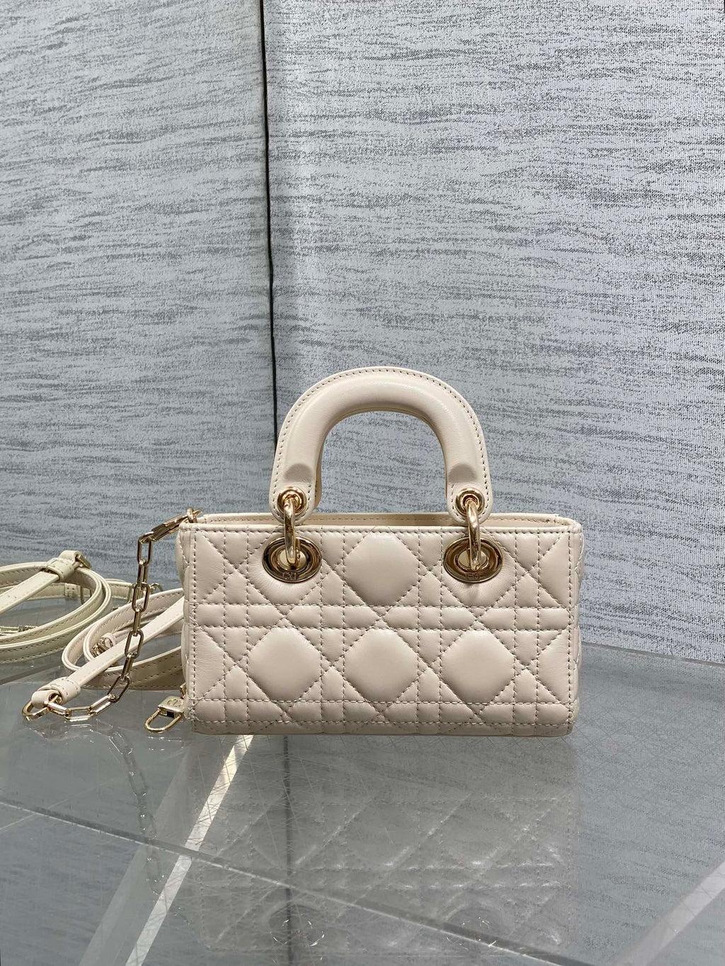 DIOR 25S MICRO LADY D-JOY 16 IN BEIGE LAMBSKIN GOLD HARDWRE