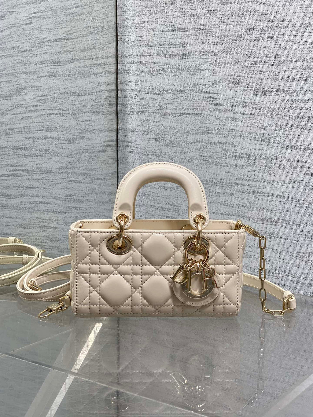 DIOR 25S MICRO LADY D-JOY 16 IN BEIGE LAMBSKIN GOLD HARDWRE