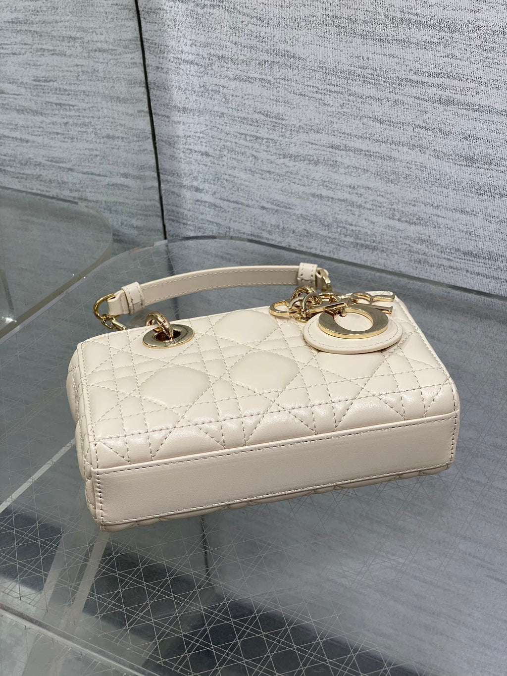 DIOR 25S MICRO LADY D-JOY 16 IN BEIGE LAMBSKIN GOLD HARDWRE