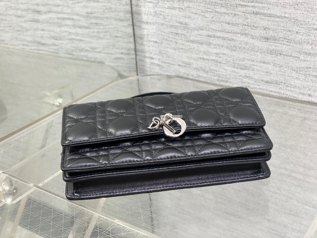 DIOR 25S DIOR TALK PHONE POUCH 21 IN BLACK CANNAGE LAMBSKIN SILVER HARDWRE