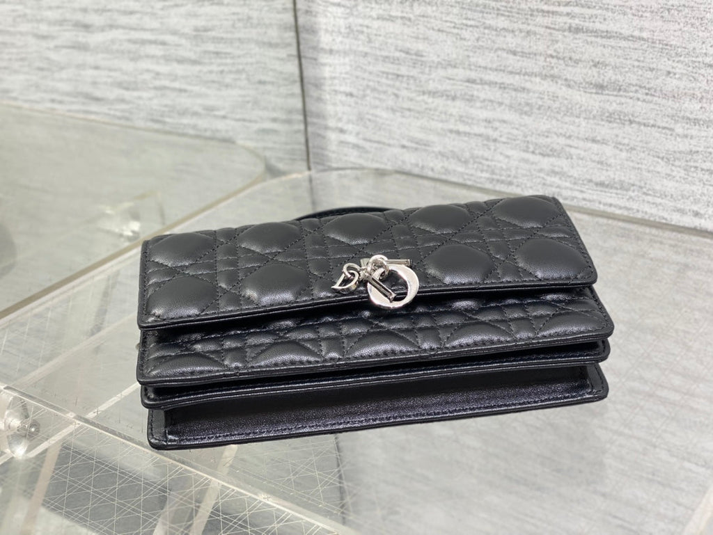 DIOR 25S DIOR TALK PHONE POUCH 21 IN BLACK CANNAGE LAMBSKIN SILVER HARDWARE