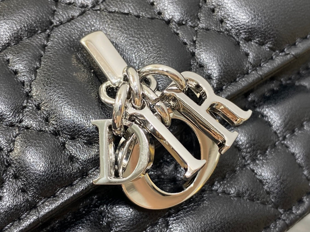 DIOR 25S DIOR TALK PHONE POUCH 21 IN BLACK CANNAGE LAMBSKIN SILVER HARDWARE