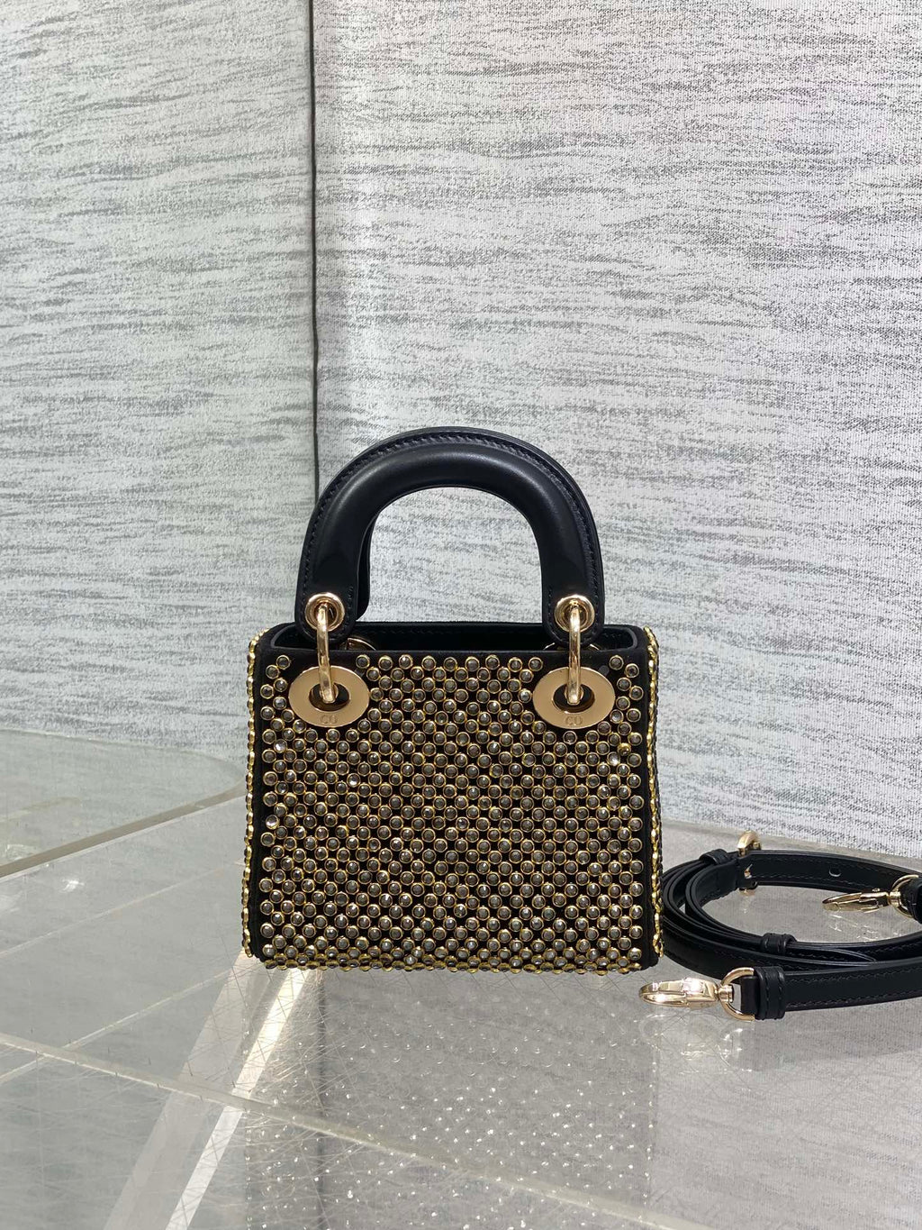 DIOR 25S MINI LADY D-LITE BAG 12 IN BLACK CANVAS AND CALFSKIN CRYSTAL-STUDDED