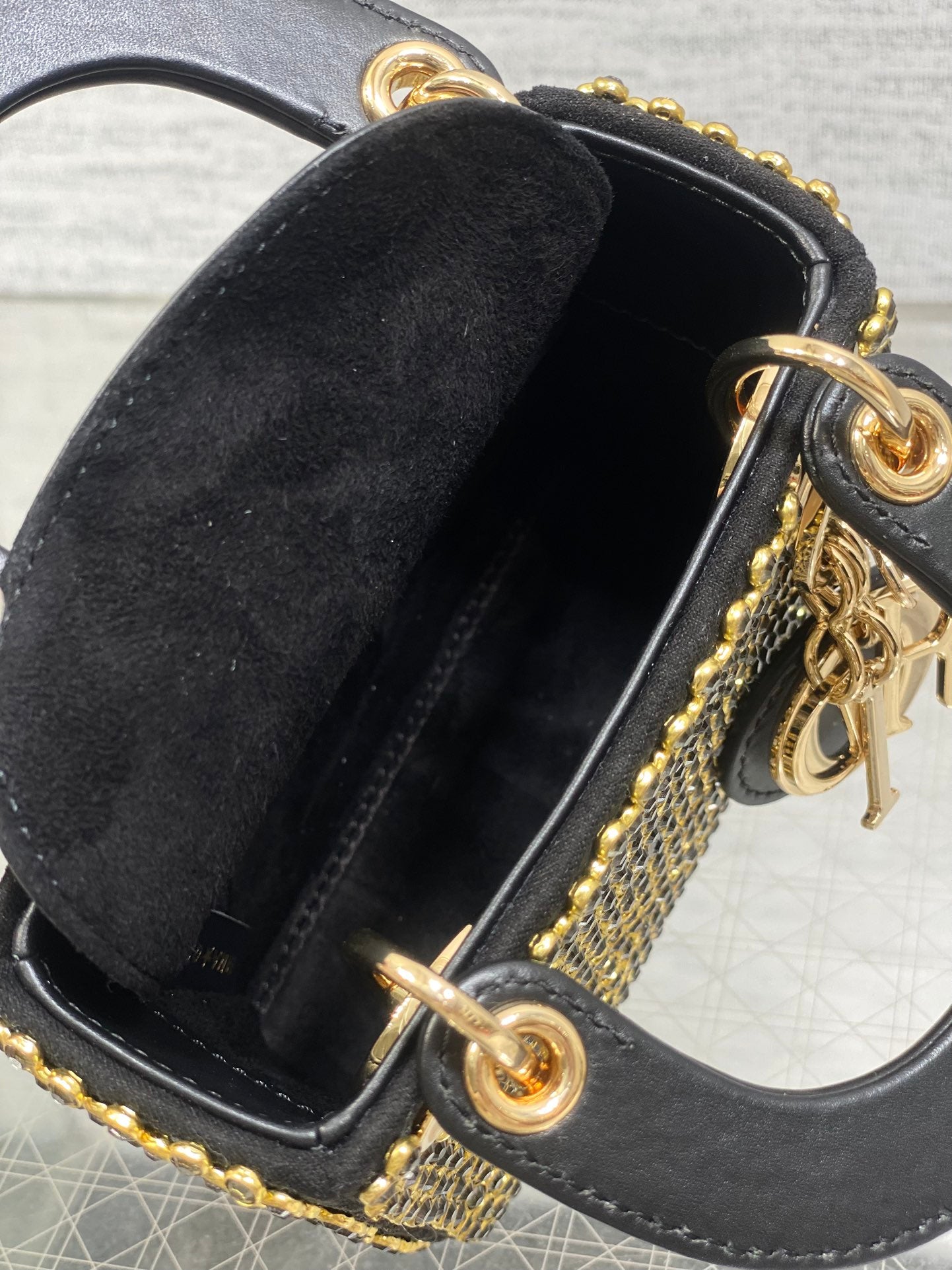 DIOR 25S MINI LADY D-LITE BAG 12 IN BLACK CANVAS AND CALFSKIN CRYSTAL-STUDDED