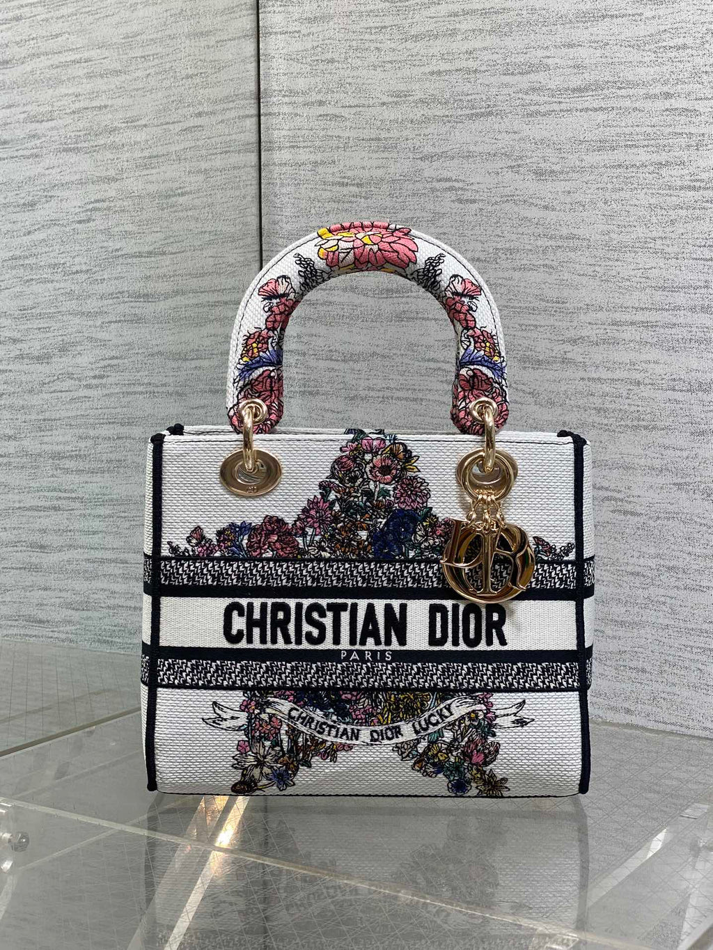 DIOR 25S SMALL LADY D-LITE BAG 24 IN WHITE RED DIOR STAR EMBROIDERY