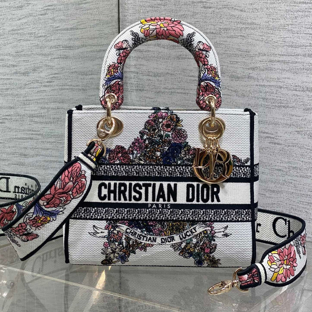 DIOR 25S SMALL LADY D-LITE BAG 24 IN WHITE RED DIOR STAR EMBROIDERY