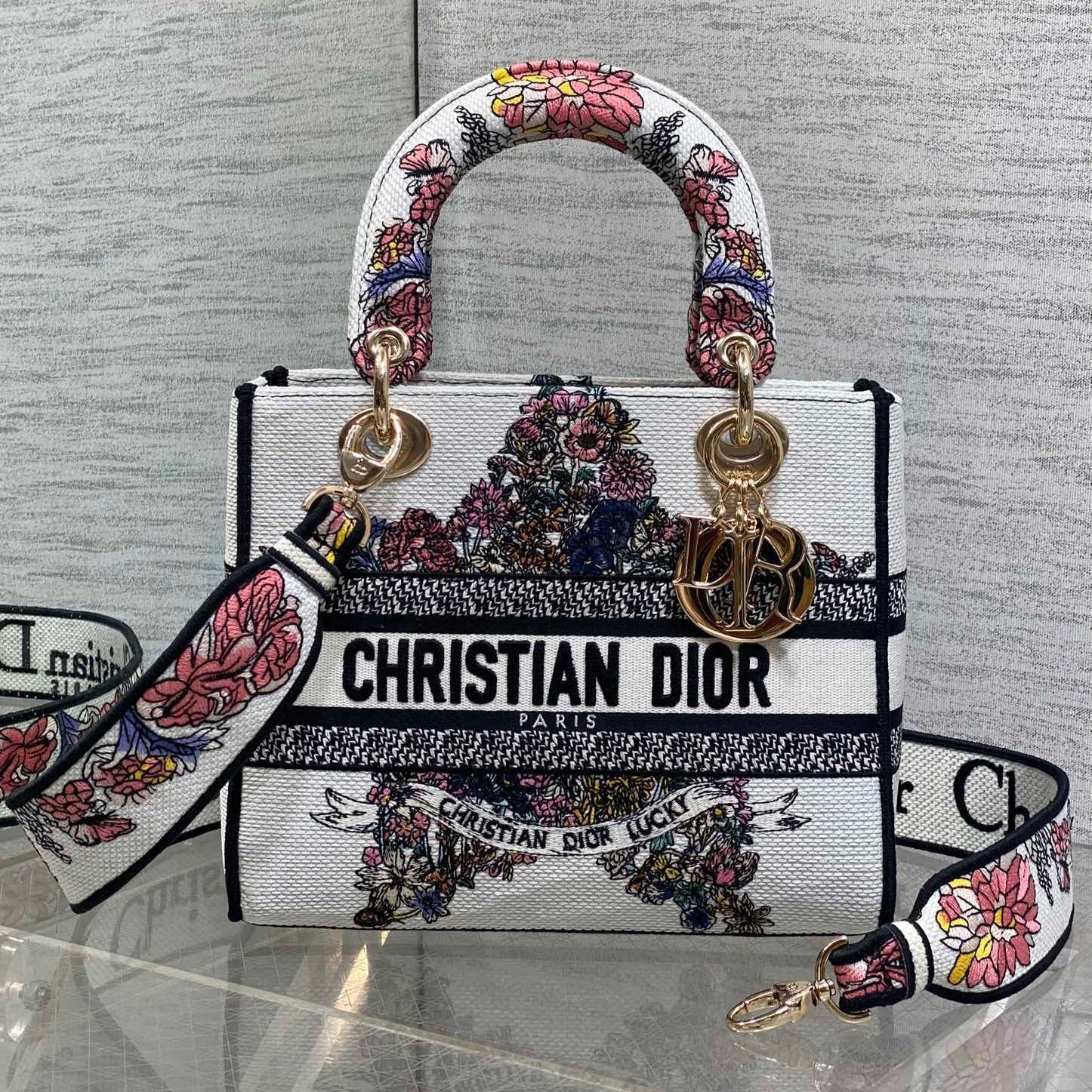 DIOR 25S SMALL LADY D-LITE BAG 24 IN WHITE RED DIOR STAR EMBROIDERY