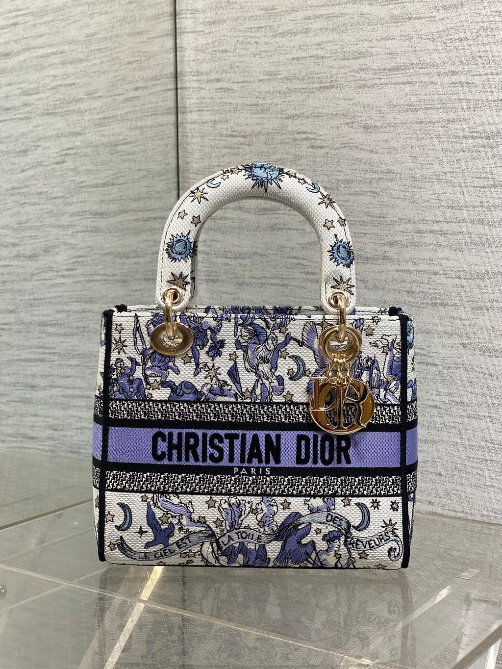DIOR 25S SMALL LADY D-LITE BAG 24 IN PURPLE DIOR NIGHT OF DREAMS EMBROIDERY