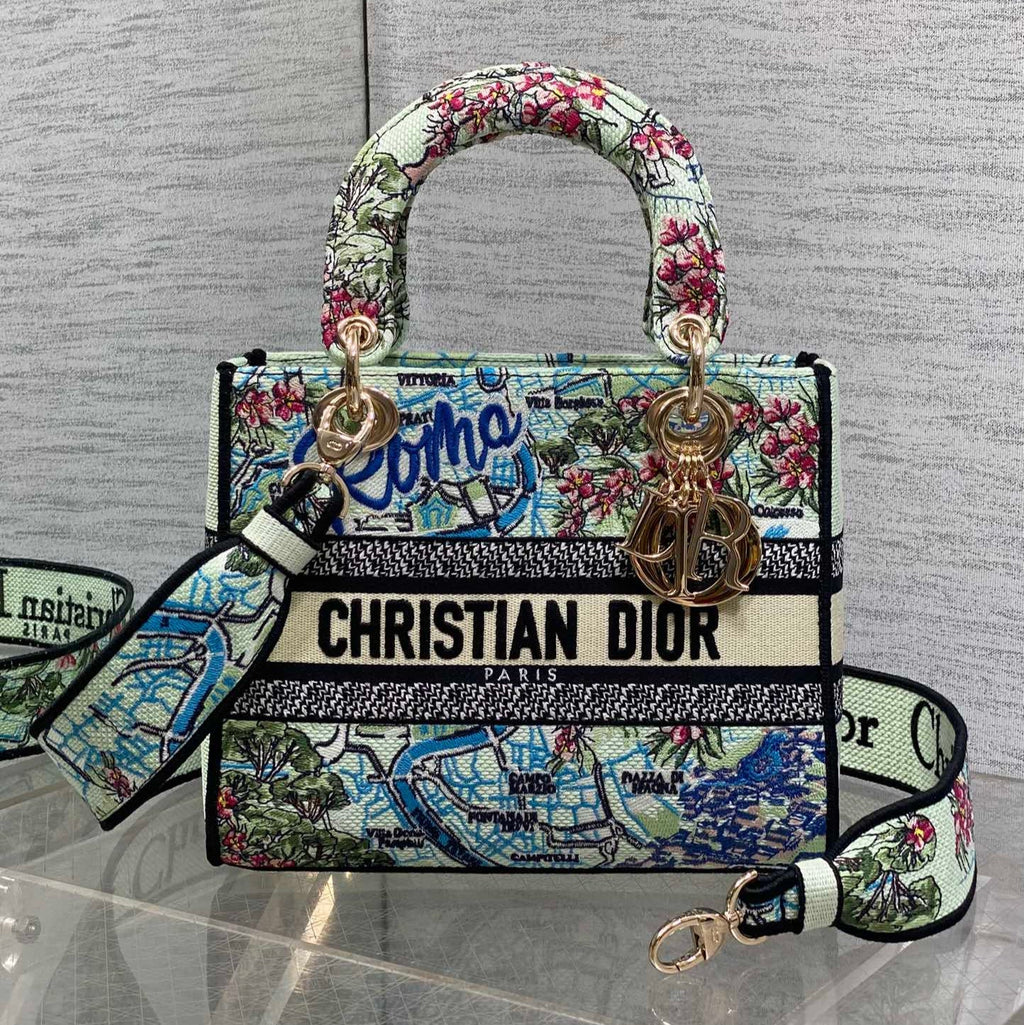 DIOR 25S SMALL LADY D-LITE BAG 24 IN BLUE AND WHITE CANVAS FLORAL EMBROIDERY