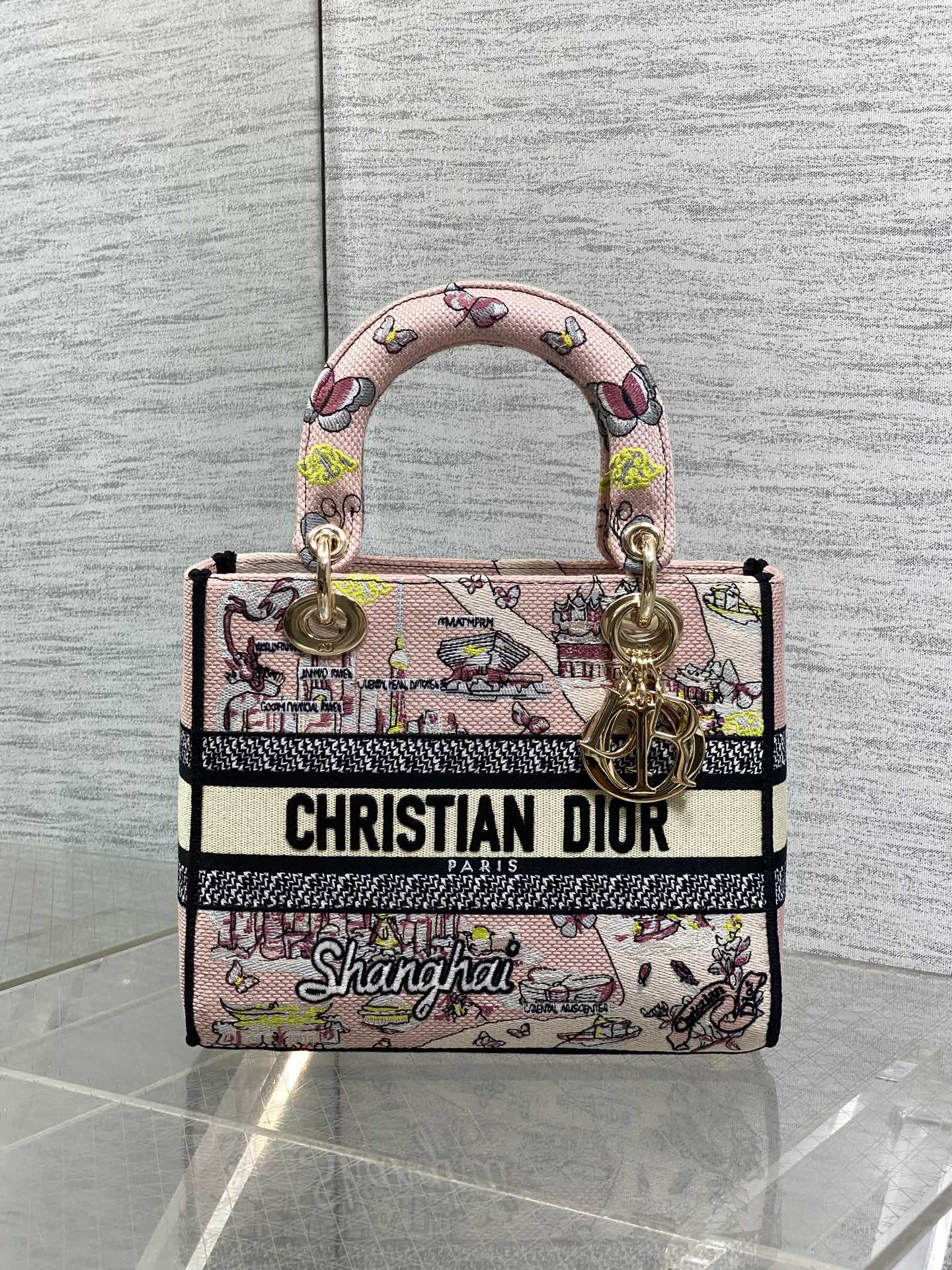 DIOR 25S SMALL LADY D-LITE BAG 24 IN PINK CANVAS DIOR BUTTERFLY