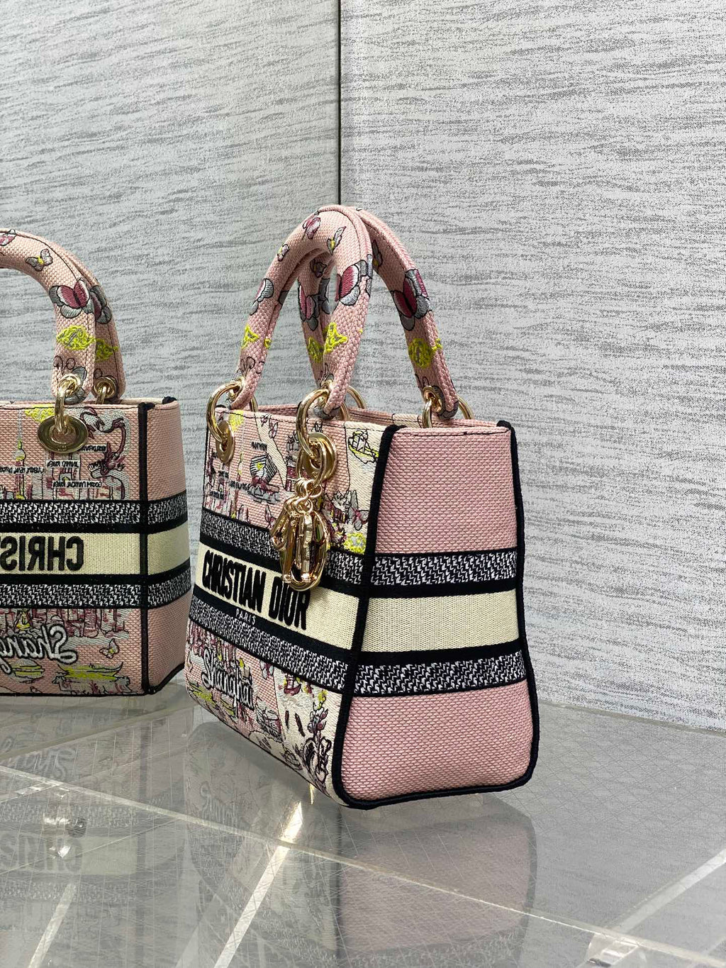 DIOR 25S SMALL LADY D-LITE BAG 24 IN PINK CANVAS DIOR BUTTERFLY
