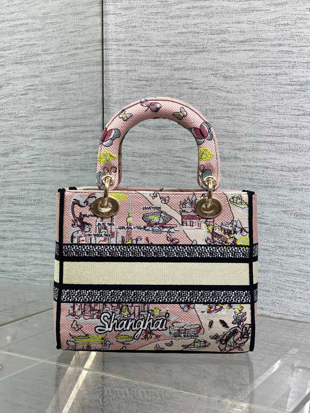 DIOR 25S SMALL LADY D-LITE BAG 24 IN PINK CANVAS DIOR BUTTERFLY