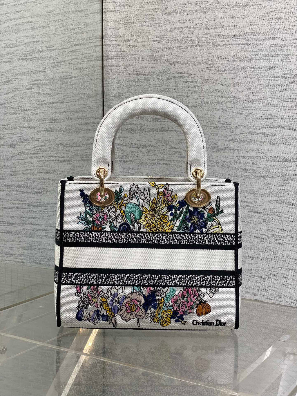 DIOR 25S SMALL LADY D-LITE BAG 24 IN WHITE DIOR FLOWERS CALENDAR ALLOVER EMBROIDERY