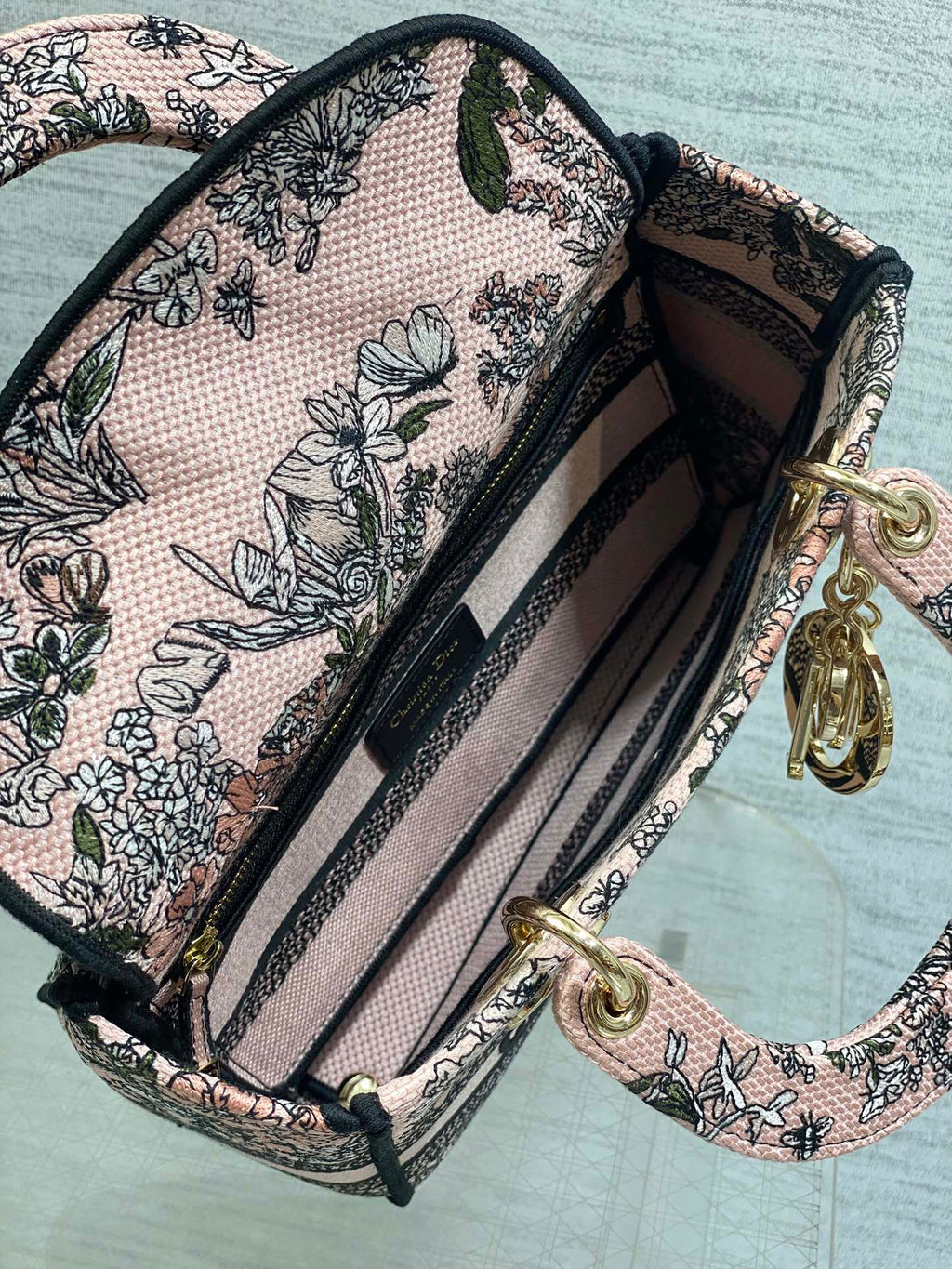 DIOR 25S SMALL LADY D-LITE BAG 24 IN PINK DIOR FLOWERS CALENDAR ALLOVER EMBROIDERY