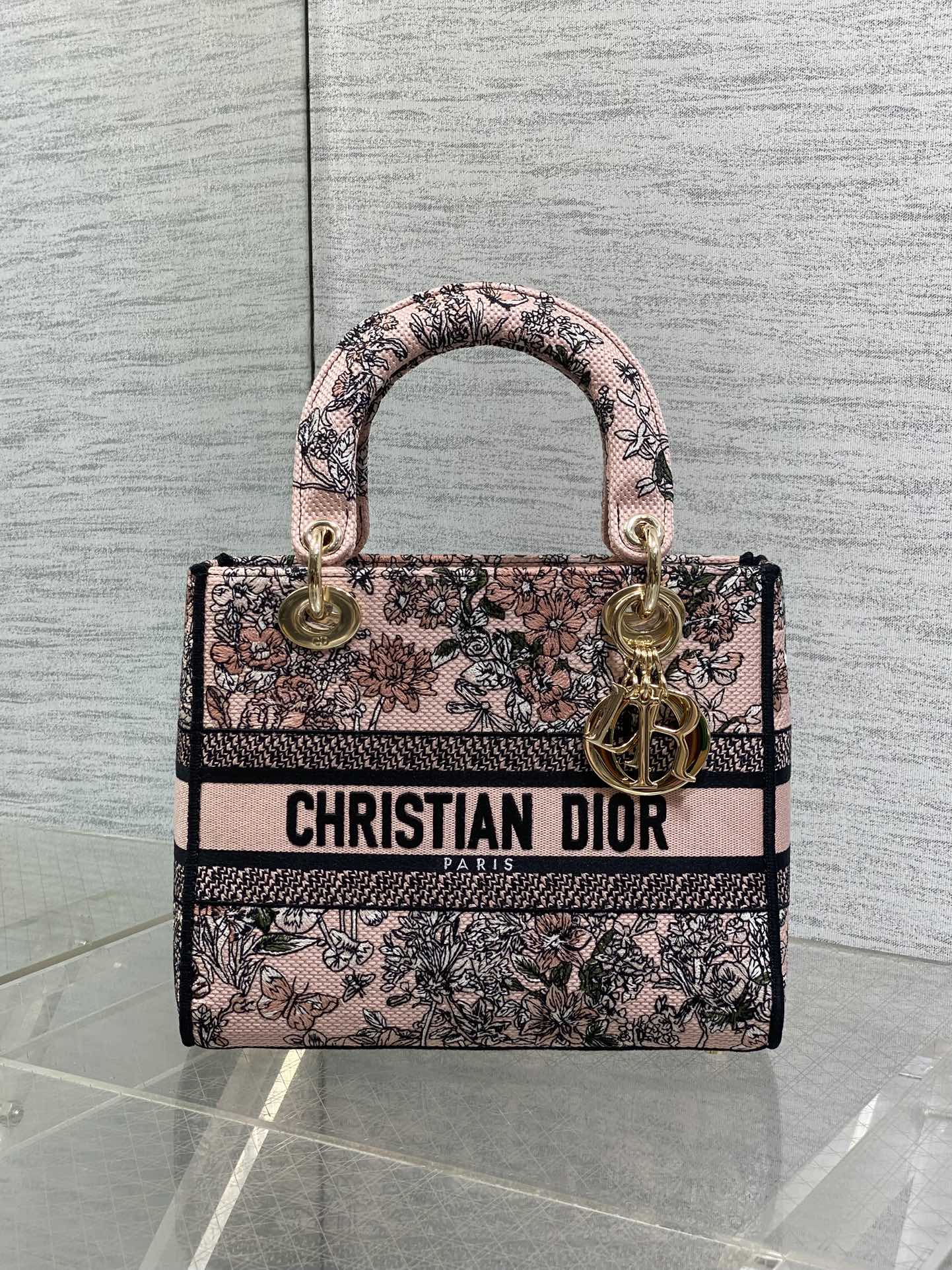 DIOR 25S SMALL LADY D-LITE BAG 24 IN PINK DIOR FLOWERS CALENDAR ALLOVER EMBROIDERY