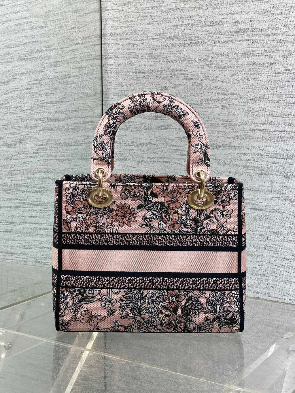 DIOR 25S SMALL LADY D-LITE BAG 24 IN PINK DIOR FLOWERS CALENDAR ALLOVER EMBROIDERY