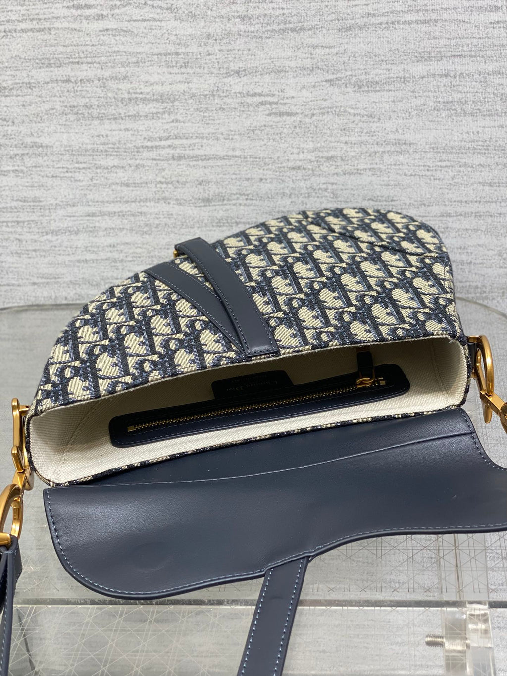 DIOR 25S MINI SOFT SADDLE BAG 19 IN BLUE DIOR OBLIQUE JACQUARD AND SMOOTH CALFSKIN