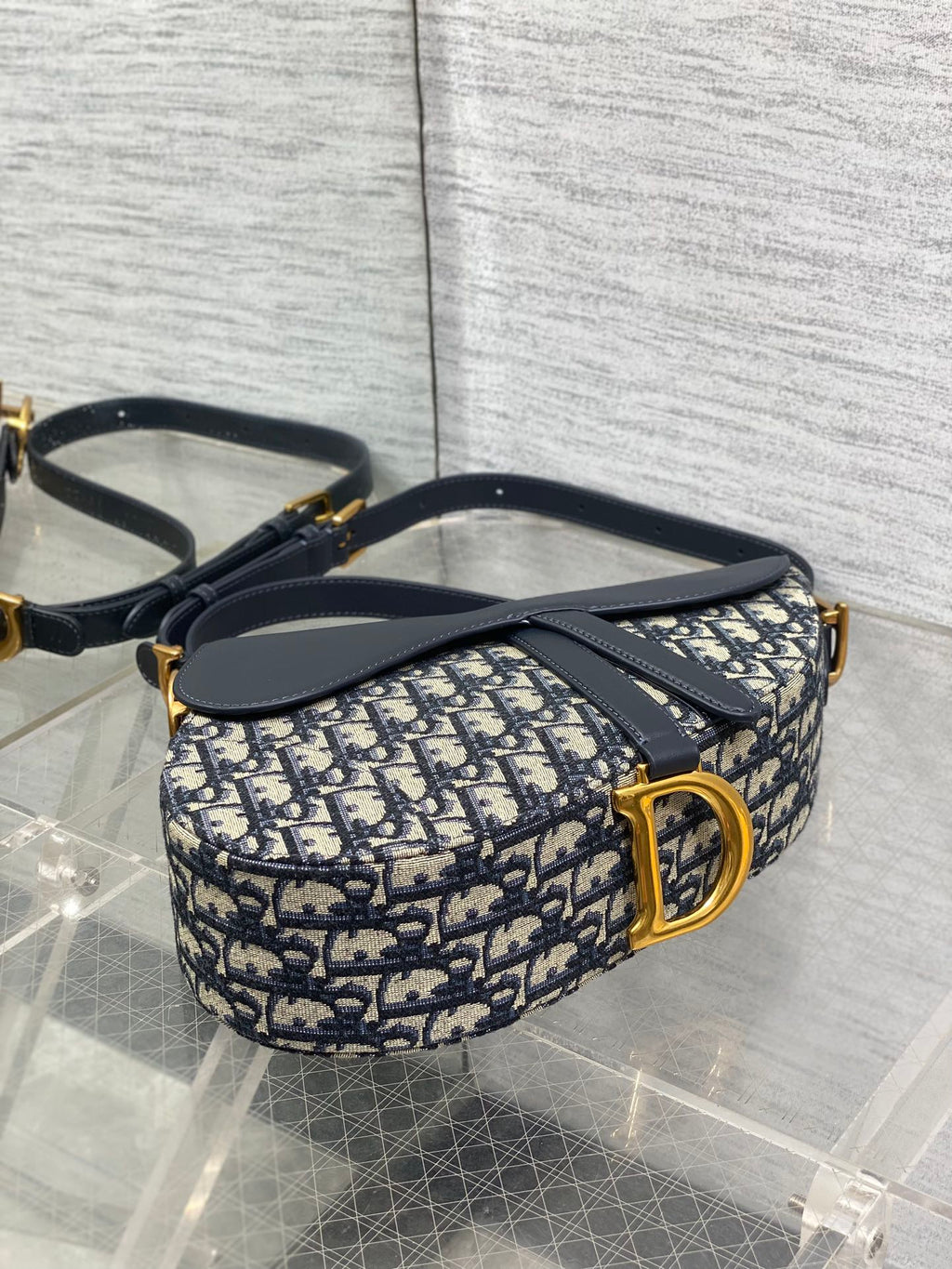 DIOR 25S MEDIUM SOFT SADDLE BAG 25 IN BLUE DIOR OBLIQUE JACQUARD AND SMOOTH CALFSKIN