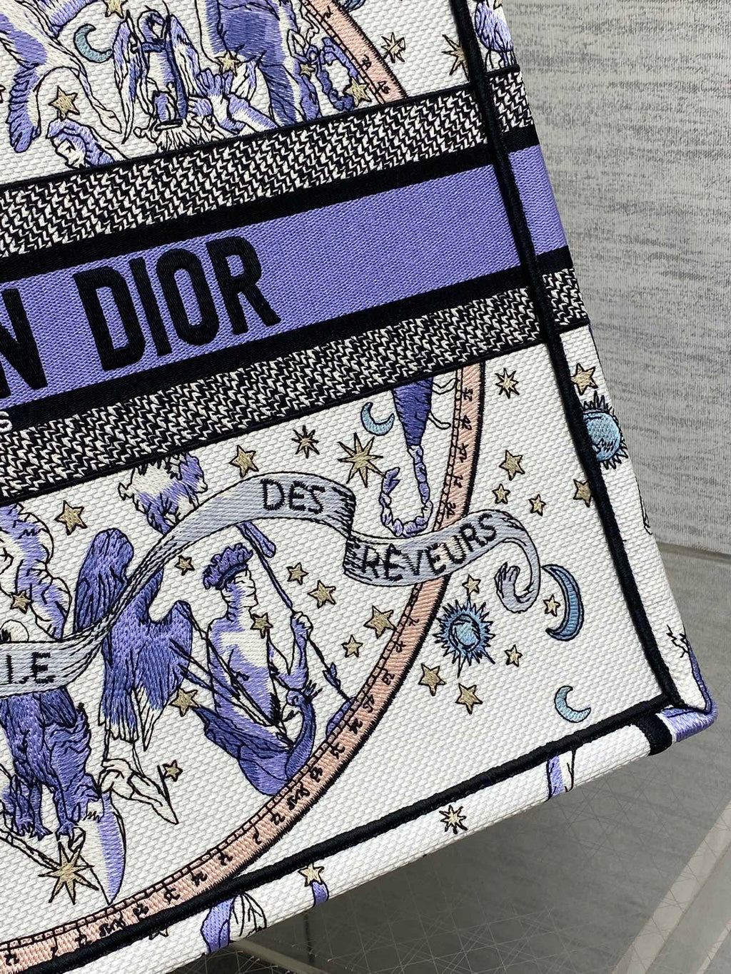 DIOR 25S LARGE BOOK TOTE 42 IN WHITE AND PURPLE DIOR NIGHT OF DREAMS EMBROIDERY
