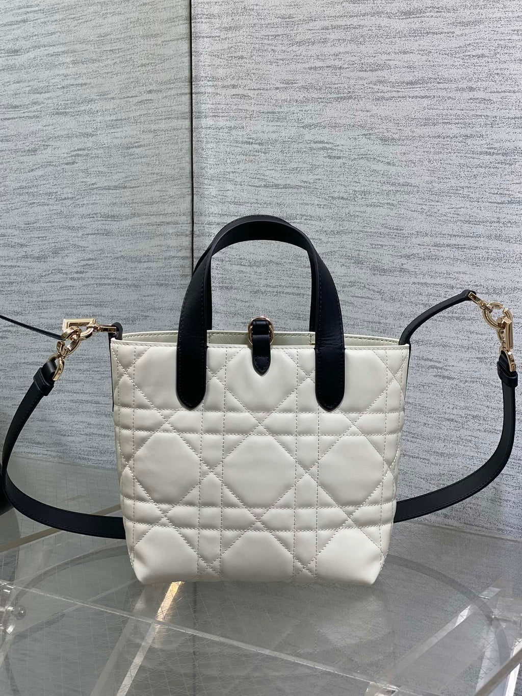DIOR 25S TOUJOURS VERTICAL NANO TOTE BAG 18 IN IVORY BLACK MACROCANNAGE CALFSKIN