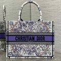 DIOR 25S LUCKY MEDIUM BOOK TOTE 36 IN WHITE AND PURPLE DIOR NIGHT OF DREAMS EMBROIDERY