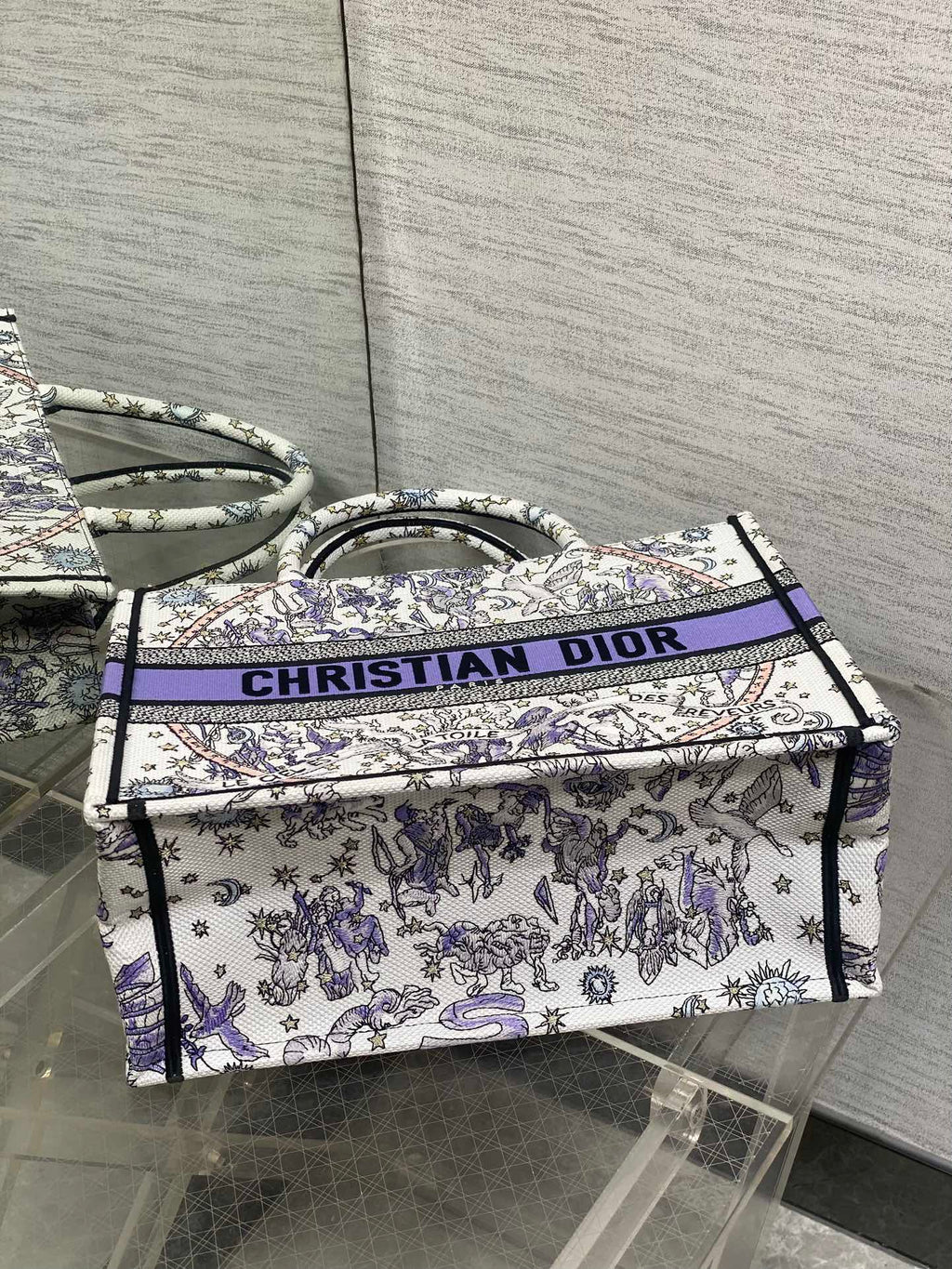 DIOR 25S LUCKY MEDIUM BOOK TOTE 36 IN WHITE AND PURPLE DIOR NIGHT OF DREAMS EMBROIDERY