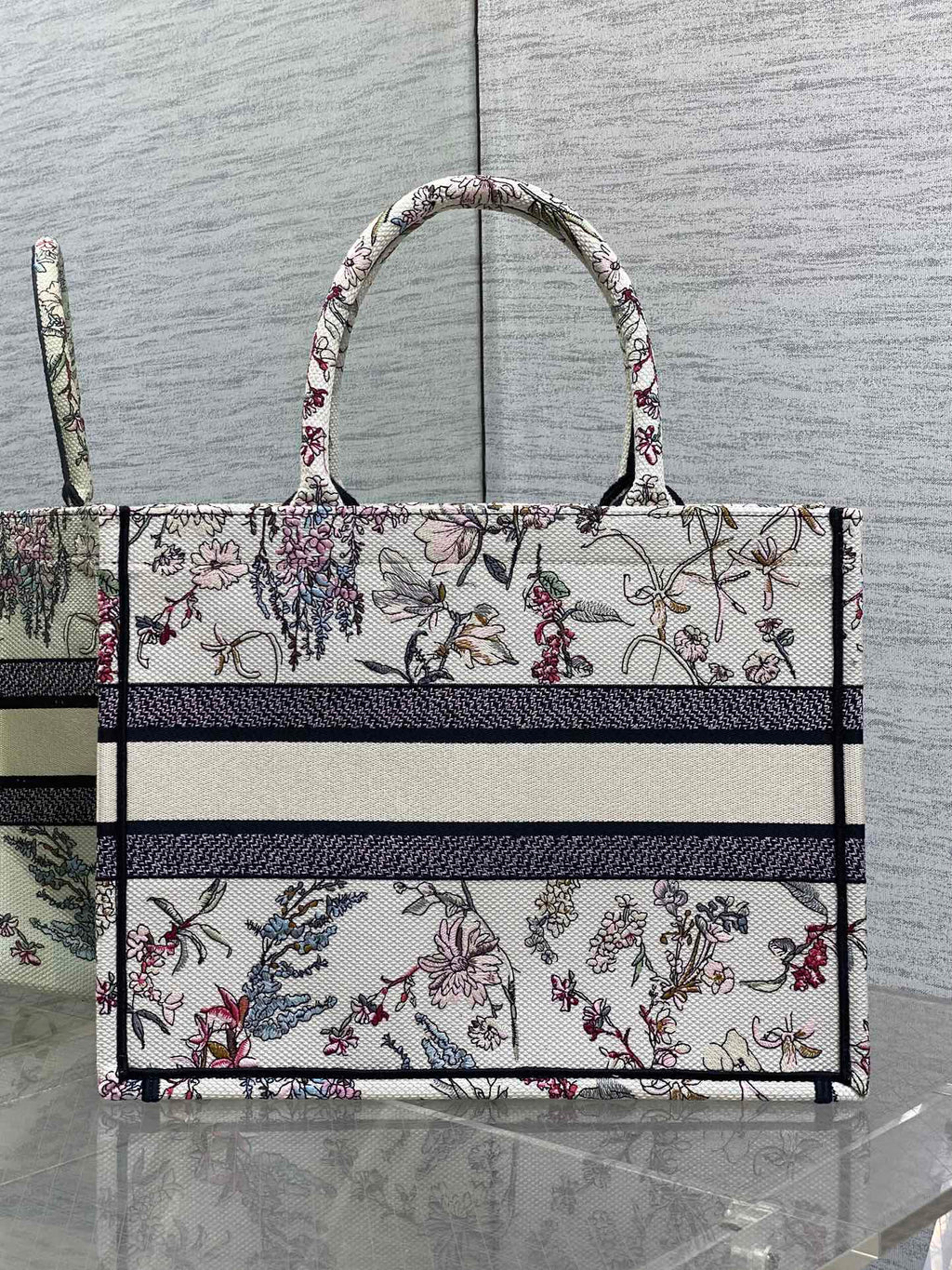 DIOR 25S MEDIUM BOOK TOTE 36 IN BEIGE CANVAS MILLEFIORI EMBROIDERY