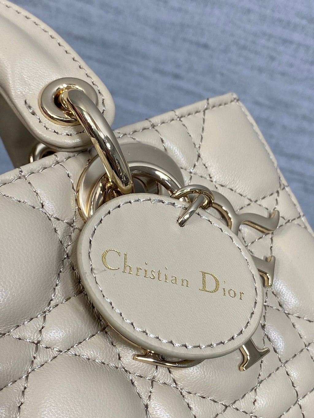 DIOR 25S MICRO LADY D-JOY 19 IN POWDER BEIGE CALFSKIN GOLD HARDWRE