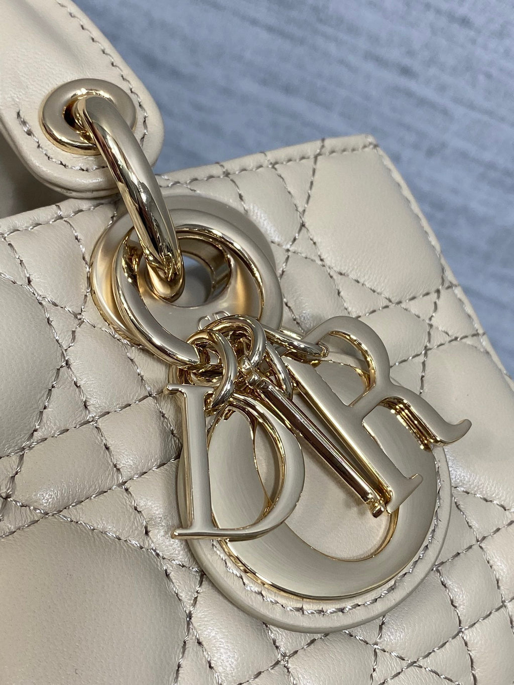 DIOR 25S MICRO LADY D-JOY 19 IN POWDER BEIGE CALFSKIN GOLD HARDWRE