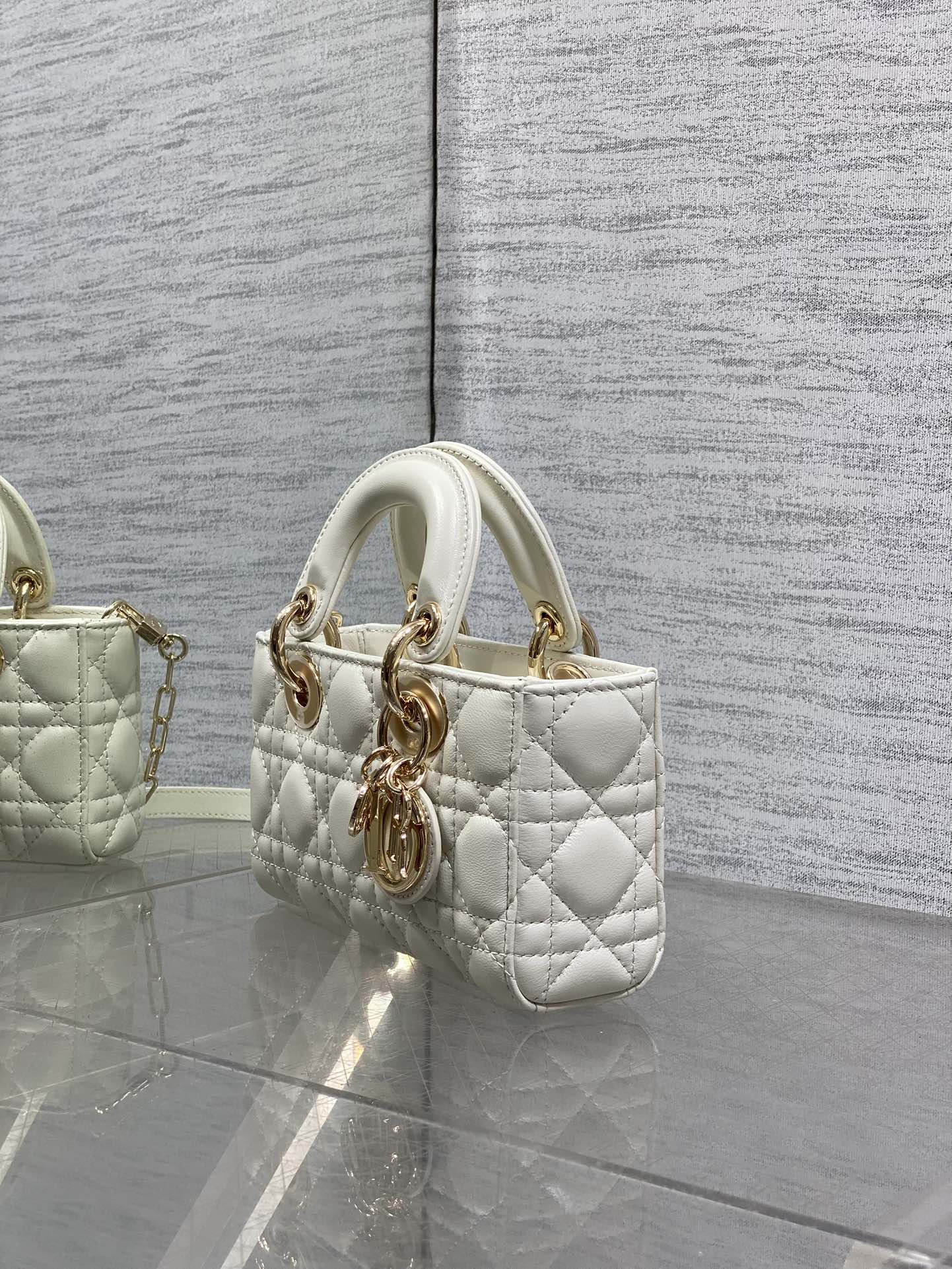 DIOR 25S MICRO LADY D-JOY 19 IN IVORY CALFSKIN GOLD HARDWRE