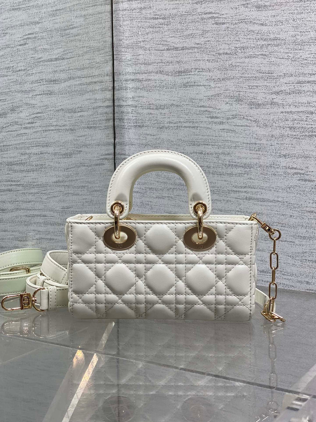 DIOR 25S MICRO LADY D-JOY 19 IN IVORY CALFSKIN GOLD HARDWRE