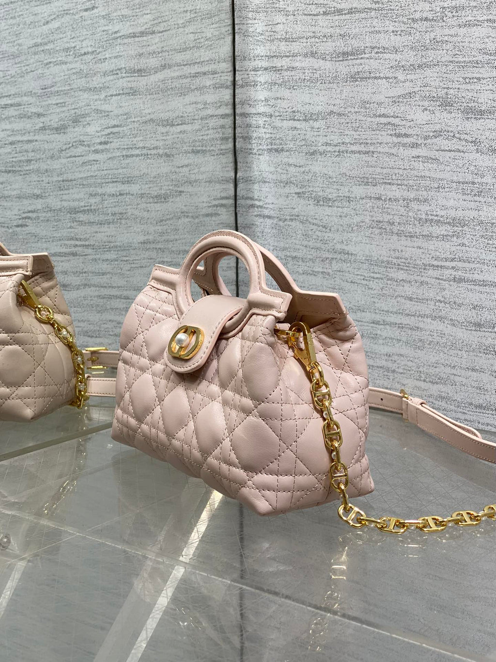 DIOR 25S JOLIE TOP HANDLE MINI BAG 18 IN BABY PINK CALFSKIN GOLD HARDWRE