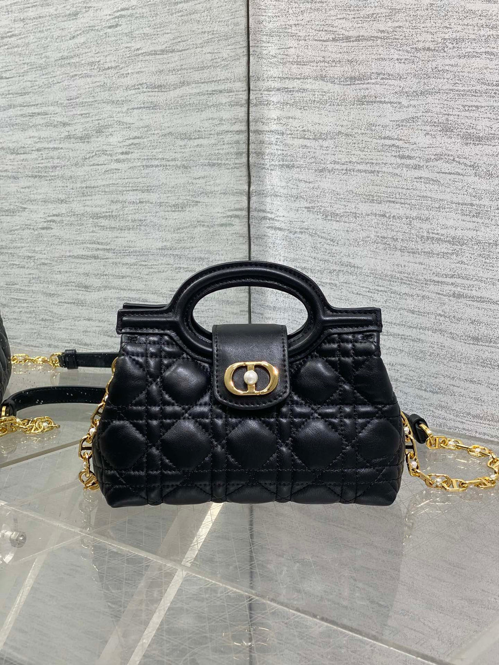 DIOR 25S JOLIE TOP HANDLE MINI BAG 18 IN BLACK CALFSKIN GOLD HARDWRE
