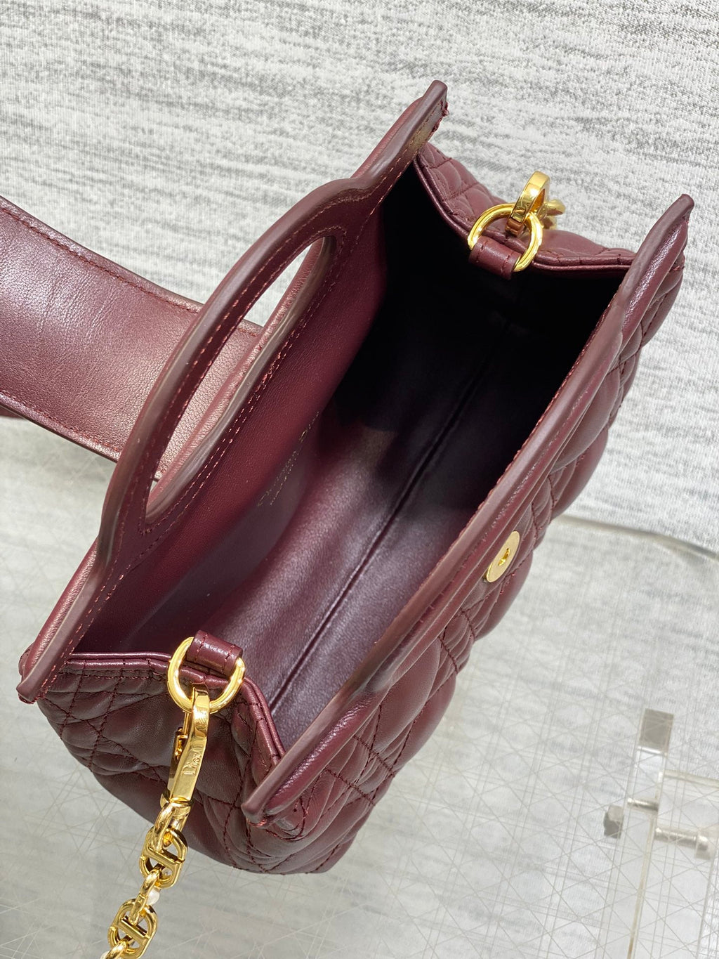 DIOR 25S JOLIE TOP HANDLE MINI BAG 18 IN BURGUNDY CALFSKIN GOLD HARDWRE