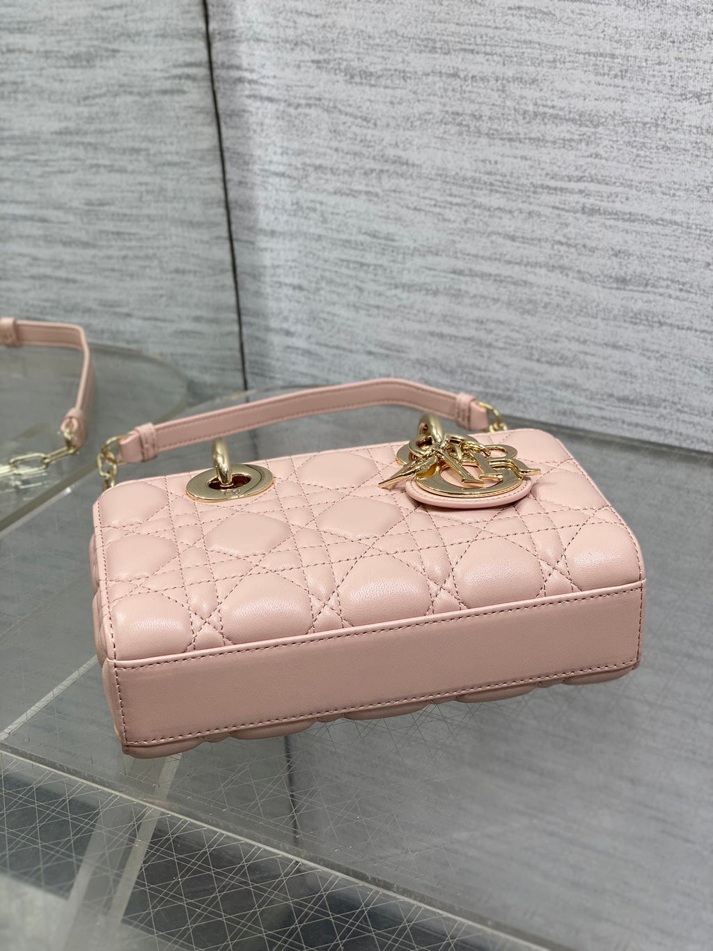 DIOR 25S MICRO LADY D-JOY 19 IN BABY PINK CALFSKIN GOLD HARDWRE