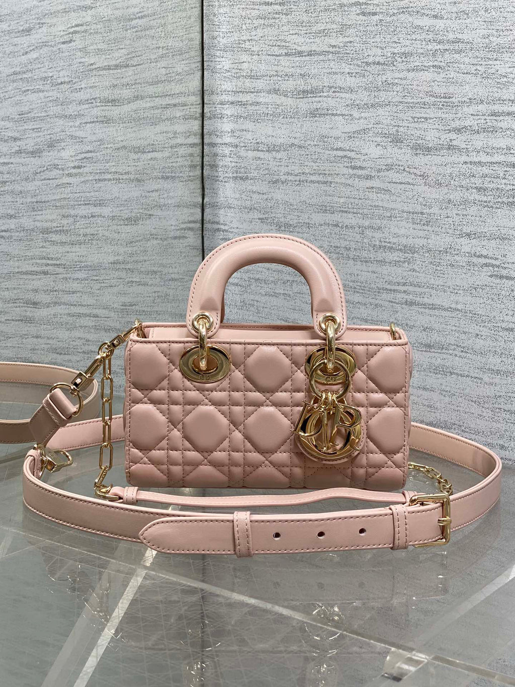DIOR 25S MICRO LADY D-JOY 19 IN BABY PINK CALFSKIN GOLD HARDWRE