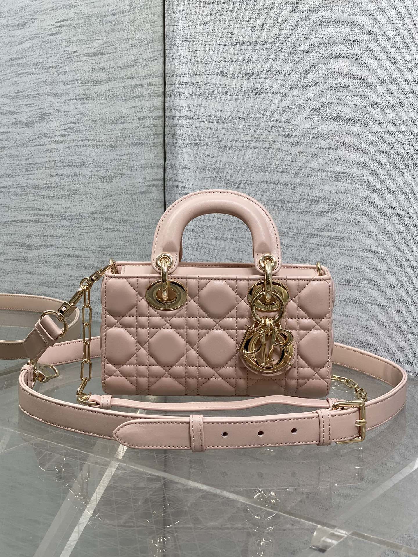 DIOR 25S MICRO LADY D-JOY 19 IN BABY PINK CALFSKIN GOLD HARDWRE